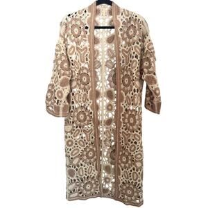 POL Crochet Duster Cardigan Boho Floral Open Knit Long Kimono OS NWT